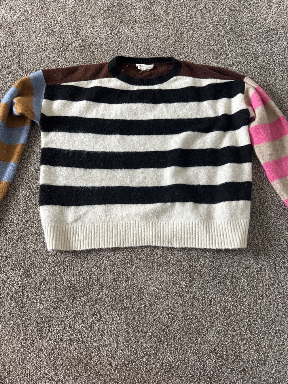 Anthropologie Striped Crewneck Sweater in Black, Cream, Pink & Blue